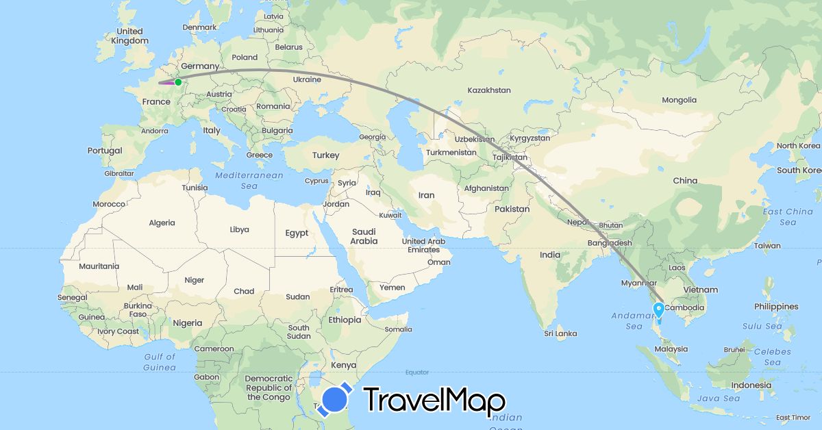 TravelMap itinerary: bus, plane, train, boat in France, Thailand (Asia, Europe)